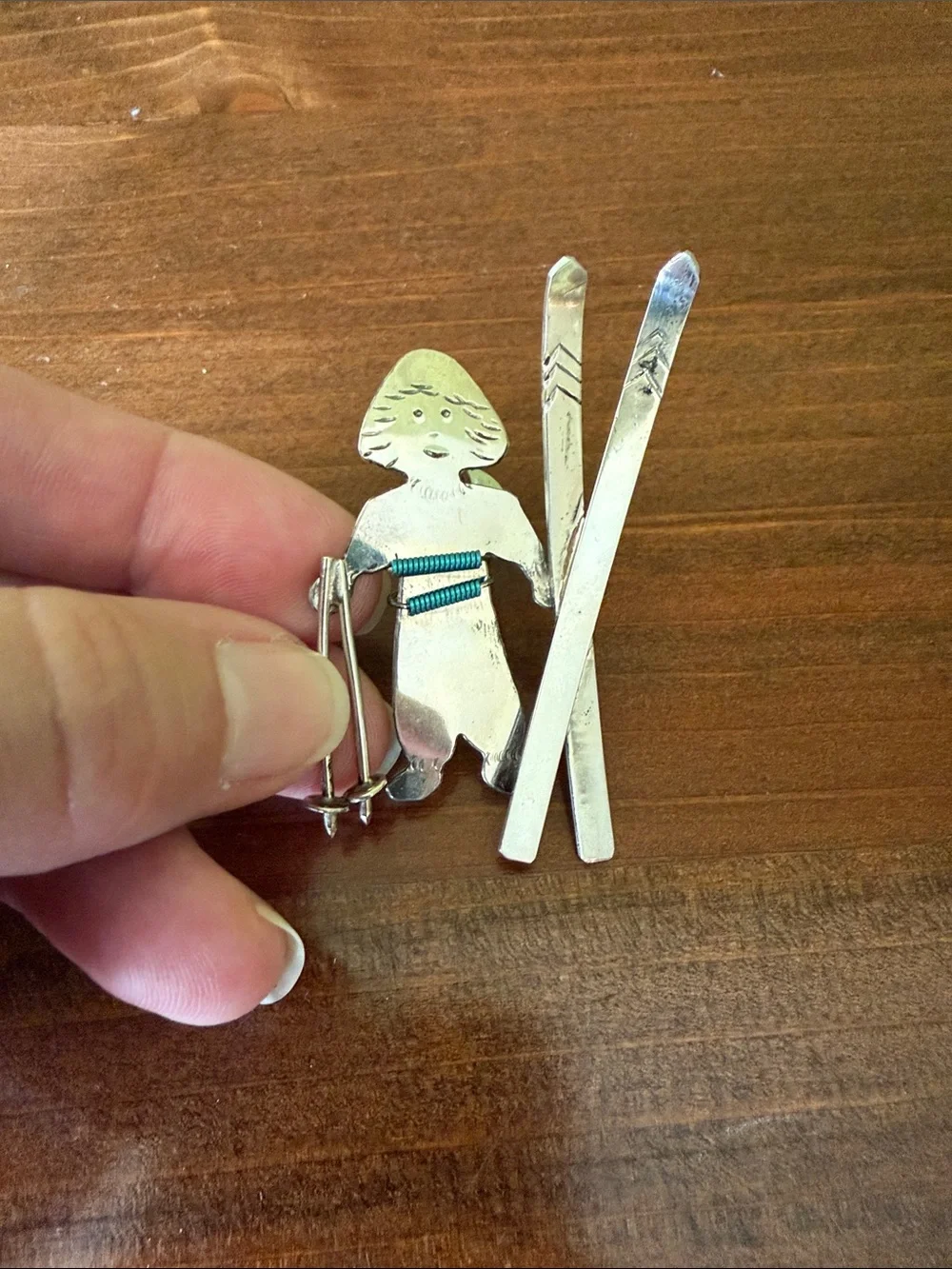 Silver Tone Skier Brooch with Turquoise Accent